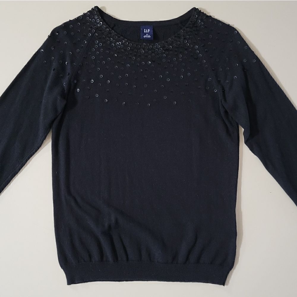 Gap Women's Black Elbow-length Roundneck Sequin & Bead Bodice Pullover Sweater